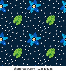 Doodle floral seamless pattern. Hand drawn cartoon leaves and flowers, abstract botanical background decorative spring summer decoration. Decor textile, wrapping paper wallpaper vector print or fabric