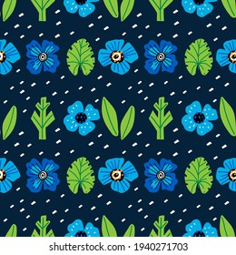 Doodle floral seamless pattern. Hand drawn cartoon leaves and flowers, abstract botanical background decorative spring summer decoration. Decor textile, wrapping paper wallpaper vector print or fabric