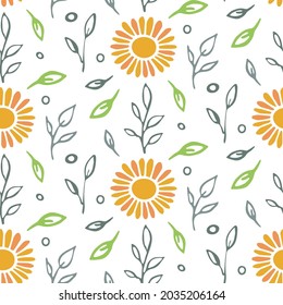 Doodle floral seamless pattern. Hand drawn ink paint brush stroke leaves, sun flower in green, orange colors. White background. Vector 