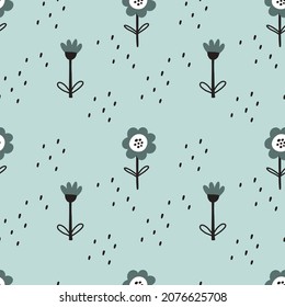 Doodle floral seamless pattern. Hand drawn cartoon leaves and flowers, abstract botanical background decorative spring summer decoration. Decor textile, wrapping paper wallpaper vector print