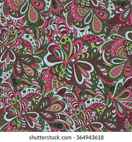 Doodle floral seamless pattern rose and green tones