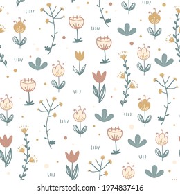 Doodle floral seamless pattern. Scandinavian style print with cute flowers. Trendy vector happy illustration background, textile and stationery design.