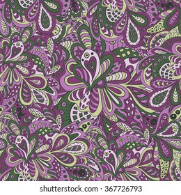 Doodle floral seamless pattern violet and green tones