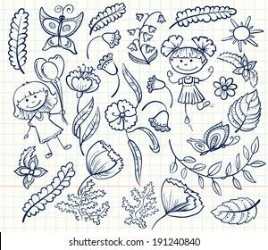 Doodle floral set with children