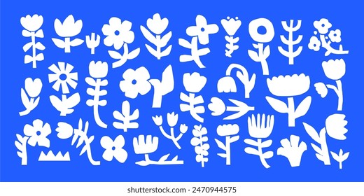 Doodle floral silhouette. Abstract cutout flower and plant. Monochrome naive infantile shape. Hand drawn nature flowers, daisy and tulips. Ornament kids elements. Vector set