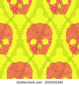 Doodle floral skulls damask seamless pattern in bright pink over acid green. Vector Halloween background.