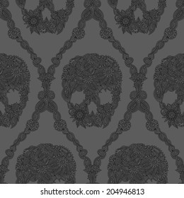 Doodle floral skulls damask seamless pattern in gray.