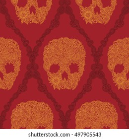 Doodle floral skulls damask seamless pattern in bright orange over red. Halloween skull seamless pattern.