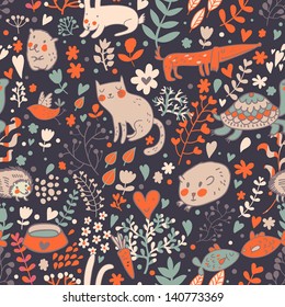 Textura floral de Doodle con animales. Copie ese cuadrado a un lado y obtendrá un patrón de mosaico sin fisuras que le da a la imagen resultante la capacidad de repetirse o enlosarse sin costuras visibles.