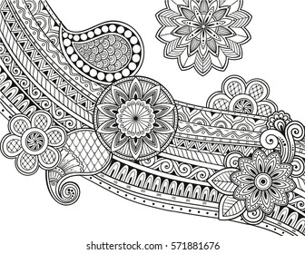 Doodle Floral Vector pattern with mandalas and flowers. Black and white background.