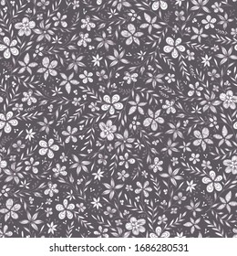 Doodle floral vector seamless pattern. Hand drawn contours of abstract flowers and leaves on gray background. Template for design, textile, wallpaper, clothing, ceramics.