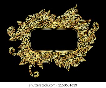 Doodle floral vines ornamental blank frame in golden isolated over black. Vector elegant background illustration.