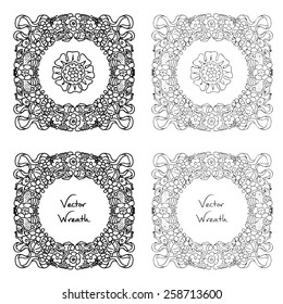Doodle floral wreath set. Retro vector illustration in rococo style seventeenth century