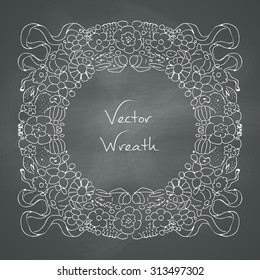 Doodle floral wreath set. Retro vector illustration in rococo style seventeenth century on chalkboard background