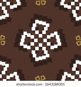Doodle Florals Pixel Geometric Design Whit Yellow Brown Theme. Abstract Seamless Pattern Blooming Repeat Style Handicraft, Decoration, Needlecraft, Handmade, Textiles, Tiles, Mosaic, Fabrics, Bag, Rug