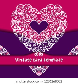 Doodle flourish ornate valentine heart in floral style on paper card template. Celebration background with heart and place for your text. Vector illustration
