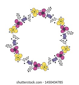 Doodle flovers and herbs. Vector colorfull illustration on isolated background. Wreath of flowers and herbs. Vector illustration on isolated background