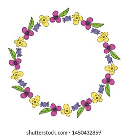 Doodle flovers and leaves. Vector colorfull illustration on isolated background. Wreath of flowers and leaves. Vector illustration on isolated background