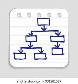 Doodle Flow Chart icon. Blue pen hand drawn infographic symbol on a notepaper piece. Line art style graphic design element. Web button with shadow. Hierarchy, flowchart, process, structure concept. 
