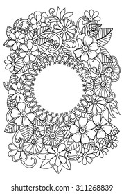 Doodle flowal frame for coloring book