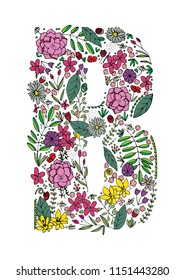 Doodle flower alphabet. Hand drawing digital doodles with exotic flowers and leafs