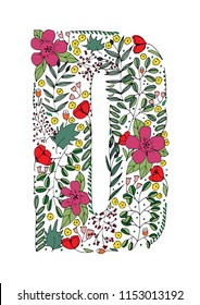 Doodle flower alphabet. Hand drawing digital doodles with exotic flowers and leafs