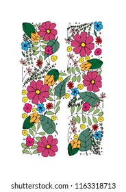 Doodle flower alphabet. Hand drawing digital doodles with exotic flowers and leafs