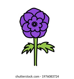 Doodle flower anemone with stem and leaf. Vector hand drawn color sketch. 