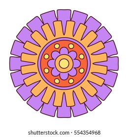Doodle flower. Boho and ethnic style mandala. Colorful decorative art for birthday cards, wedding and baby shower invitations, scrapbooking. Hand drawn isolated graphic element. Vector illustration