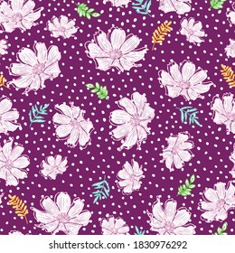 Doodle flower, branch, leaves seamless pattern of hand drawn dotted purple background design