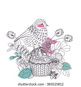 Doodle flower card with cake and bird for beautiful design, the 8th of march design, women's day, Vector