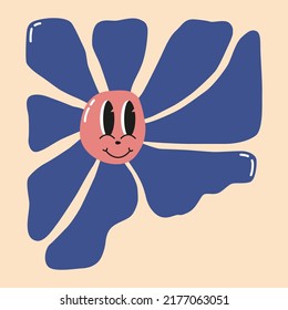 Doodle flower with cartoon funny smiling face, daisy retro character. Cute floral happy emotion. Childish logo design with daisies vector. Illustration of smile flower