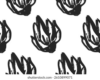 Doodle flower chalk seamless pattern. Hand drawn ink floral blossom background with abstract nature elements, daisy, leaves, and organic shapes. Graphic botanical design for fabric, packaging