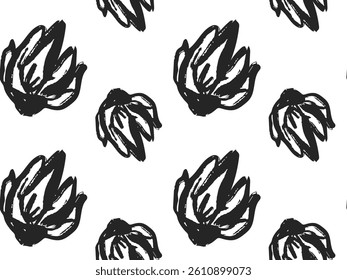 Doodle flower chalk seamless pattern. Hand drawn black ink floral blossom background with abstract nature elements, daisy, leaves, and organic shapes. Graphic botanical design for fabric, packaging
