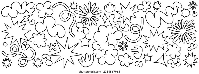 doodle of Flower, cloud and star shapes geometric sticker pack. hand draw waves, loop, star,  bubble, funky flower, Groovy. with wavy and spiral elements Vector illustration