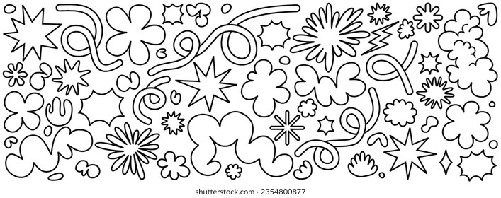 doodle of Flower, cloud and star shapes geometric sticker pack. hand draw waves, loop, star,  bubble, funky flower, Groovy. with wavy and spiral elements Vector illustration