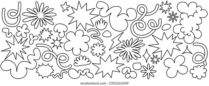 doodle de flor, nube y estrella forma un paquete de stickers geométricos. ondas de tracción manual, bucle, estrella, burbuja, flor funky, Groovy. con elementos ondulados y espirales Ilustración vectorial