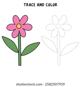 Doodle Flower coloring pages for kids. Trace and color flower. Flower spring garden illustration. Flower tracing worksheet. Kindergarten and preschool activity.