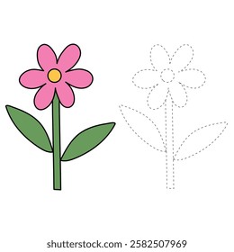 Doodle Flower coloring pages for kids. Trace and color flower. Flower spring garden illustration. Flower tracing worksheet. Kindergarten and preschool activity.