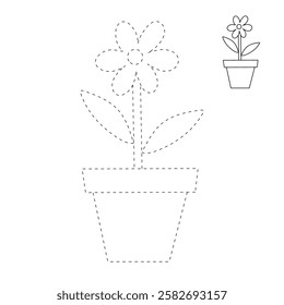 Doodle Flower coloring pages for kids. Trace and color flower. Flower spring garden illustration. Flower tracing worksheet. Kindergarten and preschool activity.