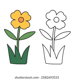 Doodle Flower coloring pages for kids. Trace and color flower. Flower spring garden illustration. Flower tracing worksheet. Kindergarten and preschool activity.