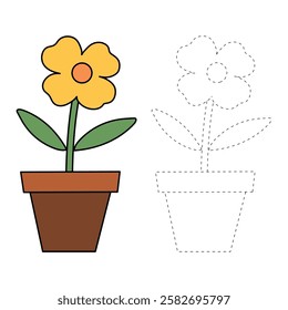 Doodle Flower coloring pages for kids. Trace and color flower. Flower spring garden illustration. Flower tracing worksheet. Kindergarten and preschool activity.