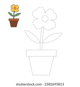 Doodle Flower coloring pages for kids. Trace and color flower. Flower spring garden illustration. Flower tracing worksheet. Kindergarten and preschool activity.