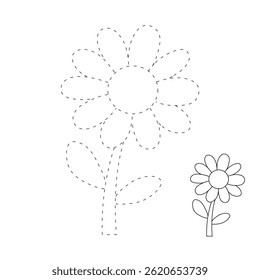 Doodle Flower coloring pages for kids. Trace and color flower. Flower spring garden illustration. Flower tracing worksheet. Kindergarten and preschool activity.
