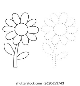 Doodle Flower coloring pages for kids. Trace and color flower. Flower spring garden illustration. Flower tracing worksheet. Kindergarten and preschool activity.