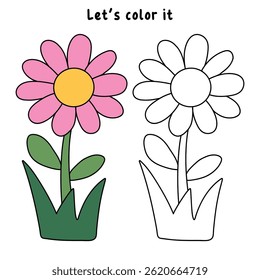 Doodle Flower coloring pages for kids. Trace and color flower. Flower spring garden illustration. Flower tracing worksheet. Kindergarten and preschool activity.