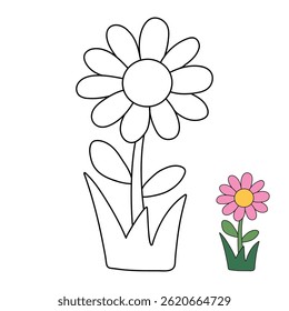 Doodle Flower coloring pages for kids. Trace and color flower. Flower spring garden illustration. Flower tracing worksheet. Kindergarten and preschool activity.