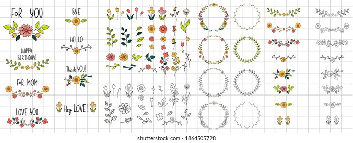Doodle flower compositions with hand drawn text. Floral lettering for cards and postcards. Wedding and happy birthday compositions.  Invitation and greeting design. Vector cartoon illustration. 