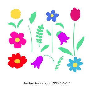 Doodle flower constructor, contains such floral elements as flower stems, leaves, grass blade, flower buds. Hand drawn colorful botany collection. Vector illustration for your design.