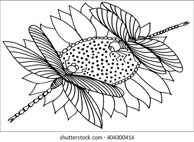 Doodle flower and dragonflies in black and white. Can use in coloring book for adult.hand drawing